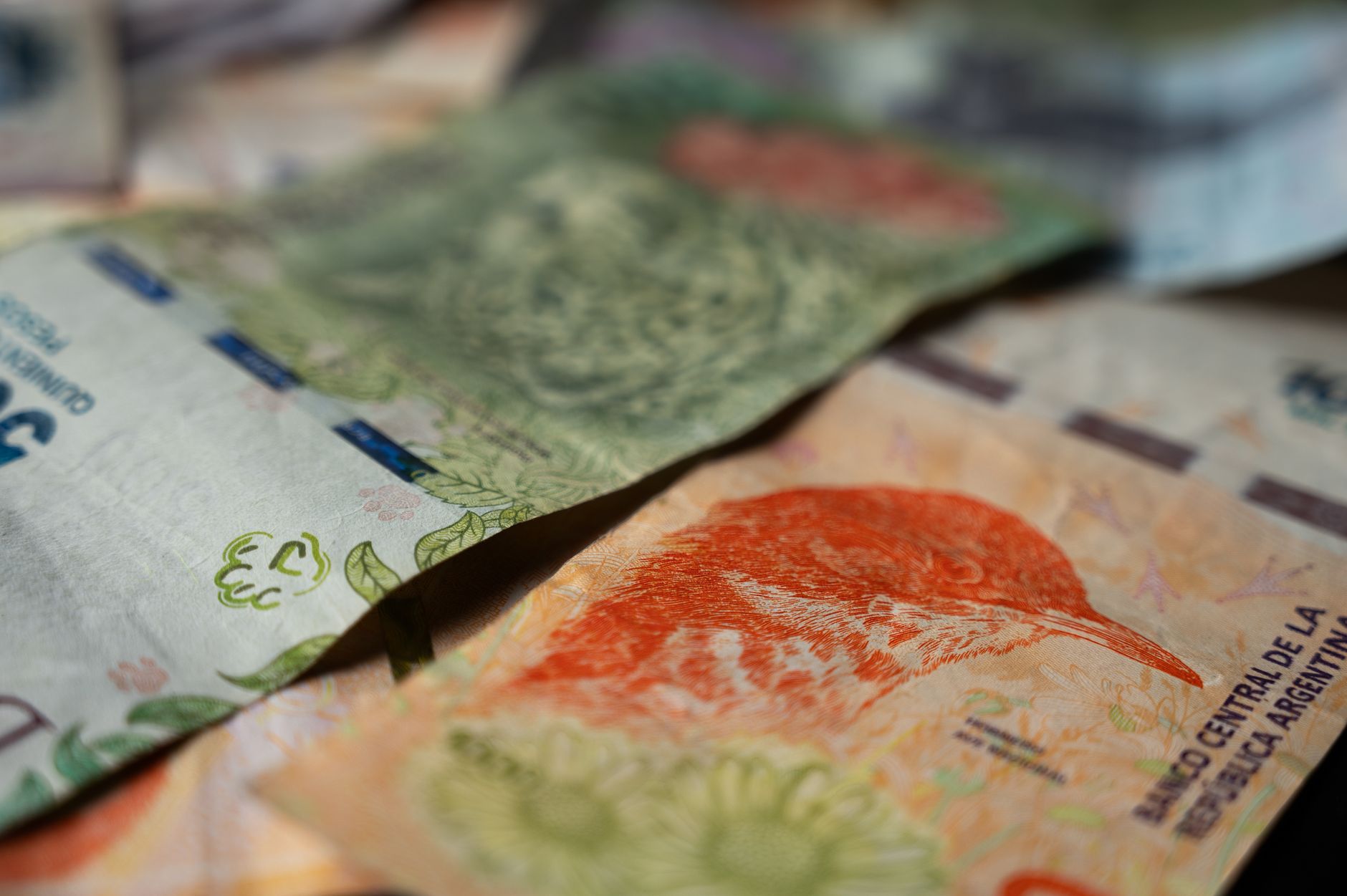 Billetes de pesos argentinos sobre la mesa